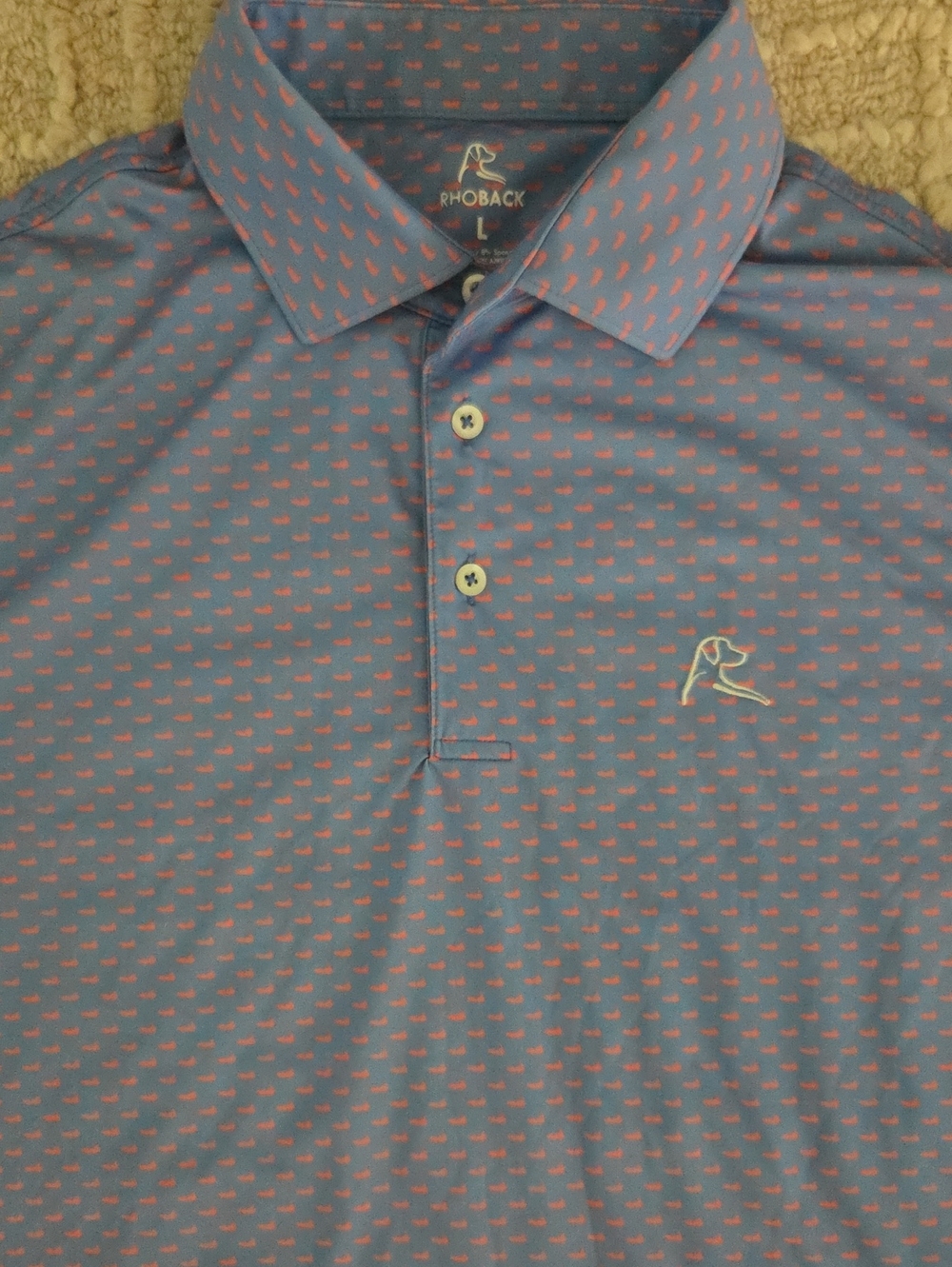 Rhoback Men's L "The Sly Fox" Performance Golf Polo Blue Orange NWOT